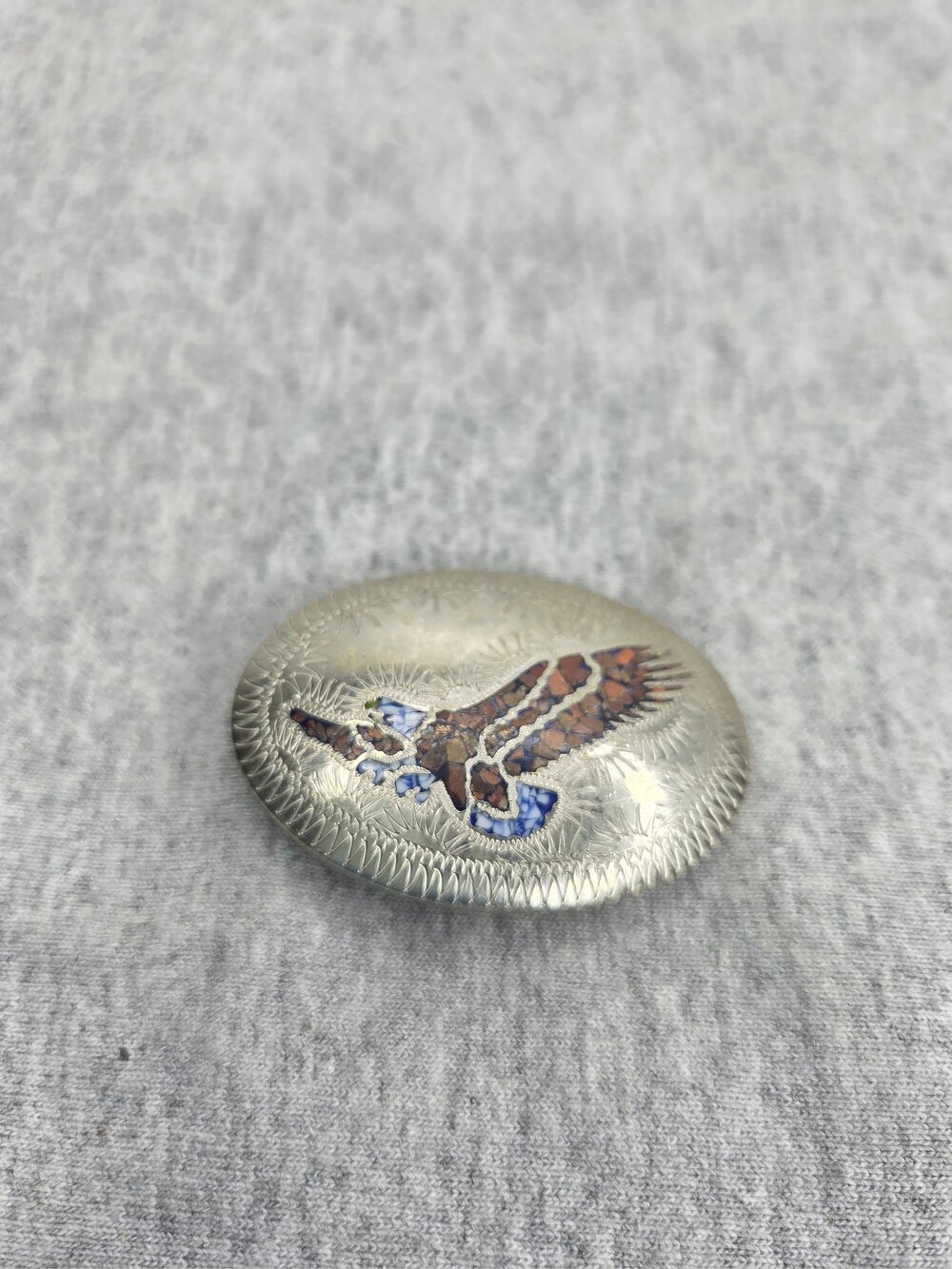 Vintage Southwestern Eagle Belt Buckle Navajo Turquoise Coral Stone Inlay Oval